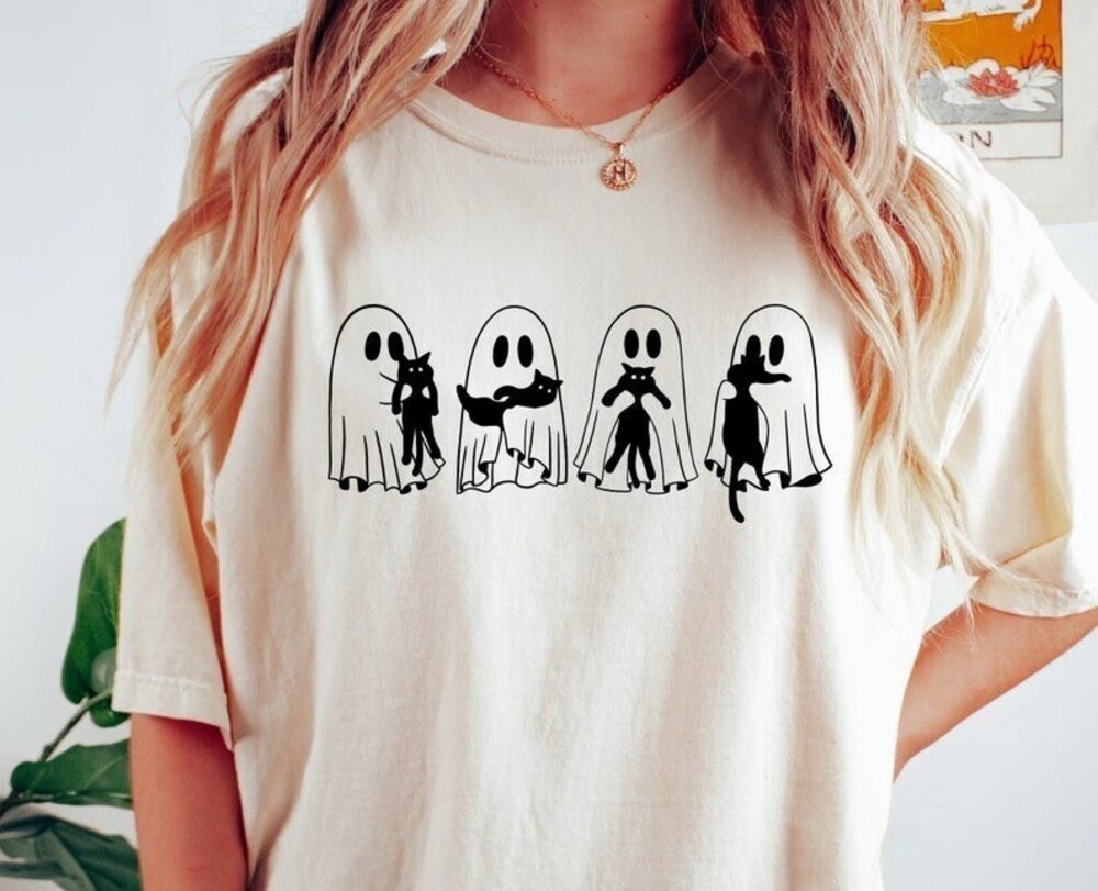Halloween Ghost Shirt Cute Womens Spooky Season Trick Or Treat Cat